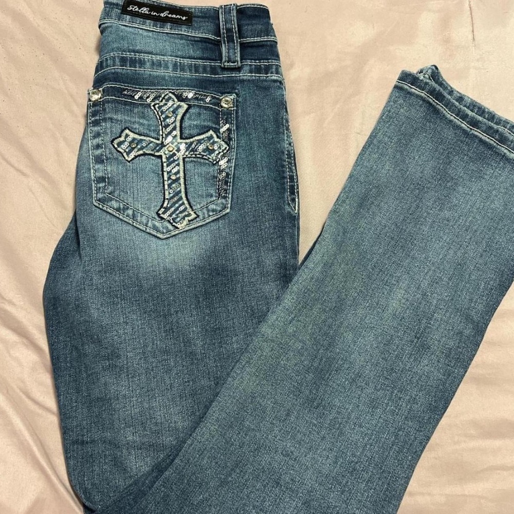 Blue Boot Cut Jeans with Ornate Cross Design